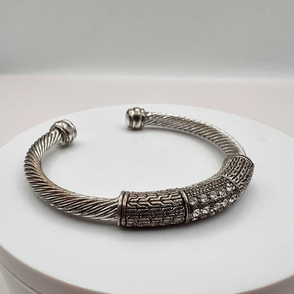 Vintage 90s Silver Tone Cable Cuff Bracelet - Boho Clear Glass Jewelry